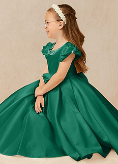 Azazie Jewel Flower Girl Dresses Emerald Ball-Gown Pleated Matte Satin Dress image3