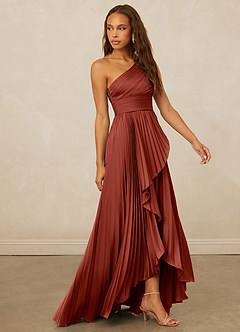 Christian Siriano Bridal for Azazie 1008 Robes de demoiselle d'honneur Robe Trapèze en Satin extensible Ue épaule Terracotta image4