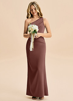 Azazie Akilah Junior Espresso Sheath Pleated Stretch Satin Dress image4