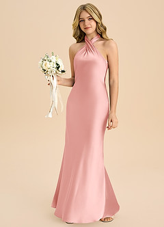Azazie Chickie Junior Powder Pink Sheath Pleated Stretch Satin Dress image4