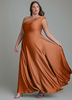 Azazie Melanie Robes de demoiselle d'honneur Robe Trapèze en Satin extensible Épaules dénudées Cuivre image10