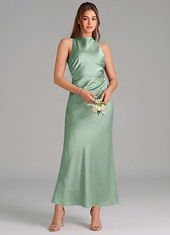 Azazie Evadne Vestidos de damas de honor Vestido de Agave de Satén Elástico de Corte Recto con Plisado image3