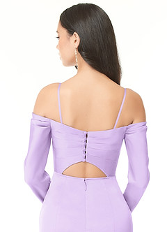 Azazie Hallie Vestidos de damas de honor Vestido de Lila de Satén Elástico de Corte Recto Convertible con Manga larga con hombros descubiertos image8