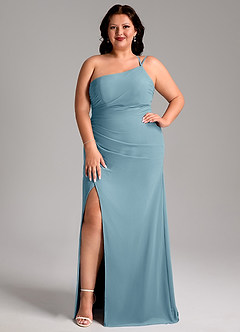 Azazie Eren Bridesmaid Dresses Moody Blue Sheath One Shoulder Chiffon Dress image8