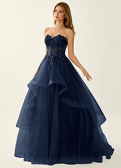 Anais Navy Corset Lace Up Back Lace Ruffled Prom Dress image4
