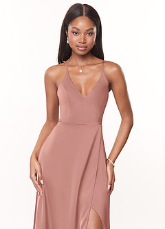 Azazie Maksim Brautjungfernkleider A-Linie V-Hals Stretch-Satin Kleid Rosettenrosa image5