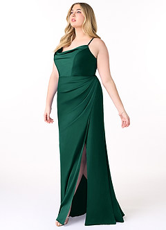 Azazie Marzia Bridesmaid Dresses Emerald Sheath Cowl Pleated Stretch Satin Dress image15