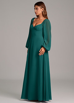 Azazie Annistyn Bridesmaid Dresses Peacock A-Line Long Sleeve Chiffon Dress image6
