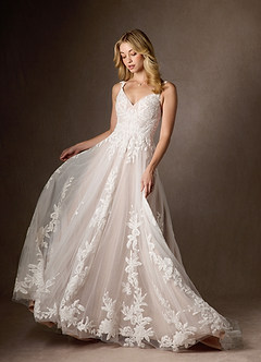 Azazie Delaina Wedding Dresses Diamond White Caramel A-Line V-Neck Sequins Tulle Dress image4