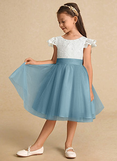 Azazie Vetty Flower Girl Dresses Ivory Moody Blue A-Line Lace Tulle Dress image4