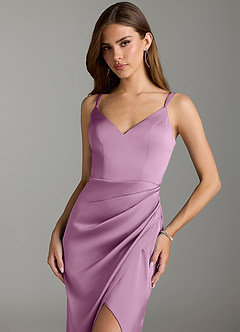 Azazie Leo Bridesmaid Dresses Wisteria Sheath Pleated Stretch Satin Dress image5