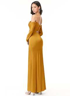 Azazie Hallie Bridesmaid Dresses Butterscotch Sheath Off-The-Shoulder Long Sleeve Stretch Satin Convertible Dress image6