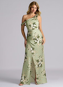 Azazie Madelyn Vestidos de damas de honor Vestido de Enredaderas Florales de Satén Elástico de Corte Sirena Convertible con Hombro unilateral image1