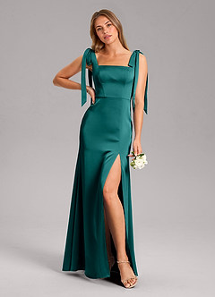 Azazie Frostine Bridesmaid Dresses Peacock A-Line Bow Stretch Satin Dress image1