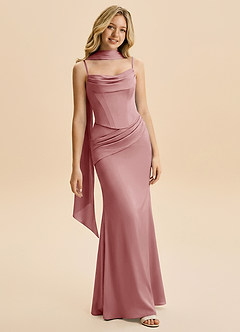 Azazie Sorrel Junior Dusty Rose Mermaid Ruched Stretch Satin Dress image1