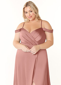 Azazie Ocean Bridesmaid Dresses Rosette A-Line V-Neck Pleated Stretch Satin Dress image10