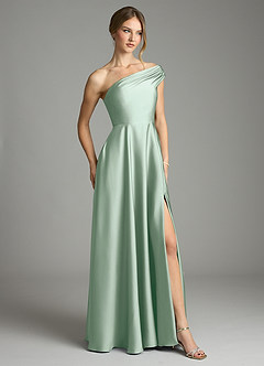 Azazie Melanie 신부 들러리 드레스 A라인 오프 더 숄더 스트레치 새틴 바닥 길이 드레스 image5