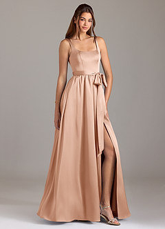 Azazie Elliott Bridesmaid Dresses Rose Gold A-Line with Pockets Stretch Satin Dress image1