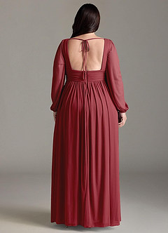 Azazie Norah Bridesmaid Dresses Pomegranate A-Line V-Neck Long Sleeve Chiffon Dress image7