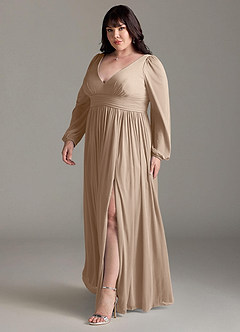 Azazie Norah Brautjungfernkleider A-Linie Lange Ärmel mit V-Ausschnitt Chiffon Kleid Taupe image11