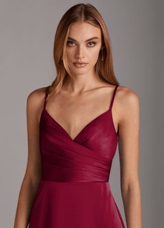 Azazie Calissa Final Sale Burgundy A-Line V-Neck Pleated Stretch Satin Dress image5