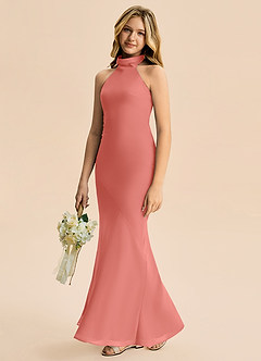 Azazie Velli Junior Meerjungfrau-Linie Hoher Kragen Chiffon Kleid Lachsrosa image4