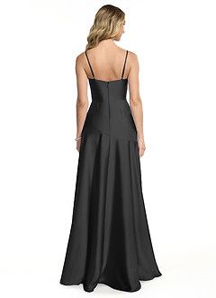 Azazie Kayla Bridesmaid Dresses Black Sheath Side Slit Stretch Satin Dress image2