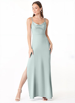 Azazie Alaija Robes de demoiselle d'honneur Robe Sirène en Satin extensible Fente Latérale Brume image2