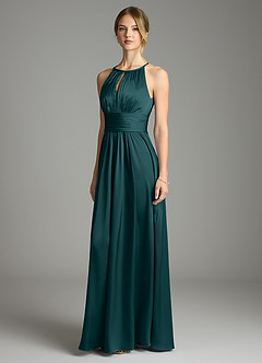 Azazie Bonnie Bridesmaid Dresses Pine A-Line Pleated Stretch Satin Dress image1