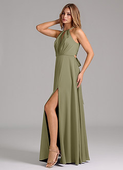 Azazie Evalleen Final Sale Pistachio A-Line Pleated Stretch Satin Dress image4