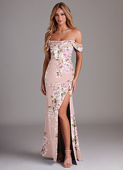 Azazie Saige Bridesmaid Dresses Rosy Floral Bloom Sheath Off the Shoulder Stretch Satin Dress image1