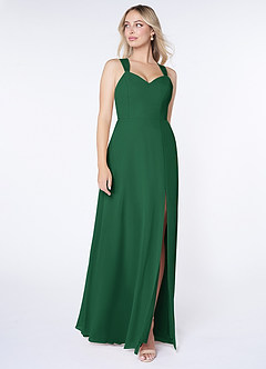 Azazie Jane Final Sale Dark Green A-Line V-Neck Pleated Chiffon Dress image3