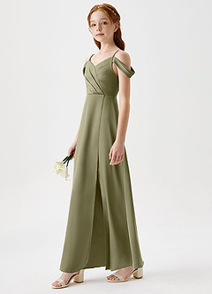 Azazie Ocean Junior Pistachio A-Line Off the Shoulder Stretch Satin Dress image3