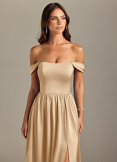 Azazie Calianna Bridesmaid Dresses Champagne A-Line Off the Shoulder Stretch Satin Convertible Dress image4