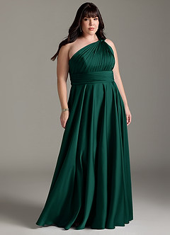Azazie Charlize Bridesmaid Dresses Emerald A-Line One Shoulder Stretch Satin Dress image9