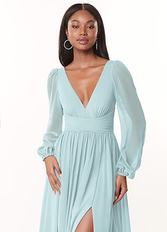 Azazie Norah Bridesmaid Dresses Mist A-Line V-Neck Long Sleeve Chiffon Dress image5