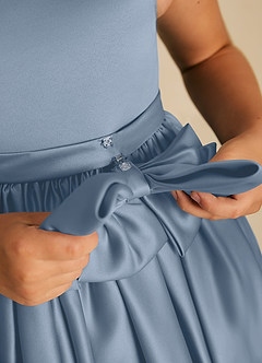 Azazie Apple Flower Girl Dresses Dusty Blue A-Line Bow Matte Satin Dress image4