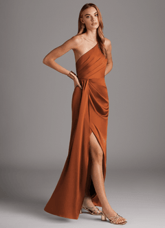 Azazie Mika Bridesmaid Dresses Cinnamon Sheath One Shoulder Stretch Satin Dress image4