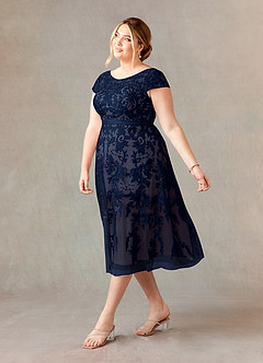 Azazie Sanna Mother of the Bride Dresses Dark Navy Champagne A-Line Scoop Lace Tulle Dress image3