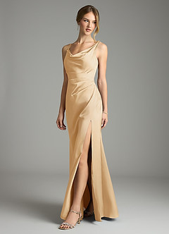 Azazie Samara Robes de demoiselle d'honneur Robe Sirène en Satin extensible Plissé Or image3