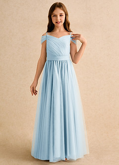 Azazie Yuna Girls Formal Abiti da Ragazza di Fiori Abito A-Line in Tulle a Spalla Scoperta Azzurro image6