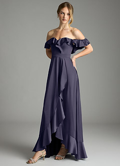 Azazie Lyra Bridesmaid Dresses Stormy A-Line Off the Shoulder Stretch Satin Convertible Dress image7