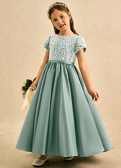 Azazie Cashew Flower Girl Dresses Silver Sage Ball-Gown with Sleeves Matte Satin Dress image3