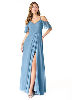 Azazie Dakota Bridesmaid Dresses Steel Blue A-Line V-Neck Pleated Chiffon Dress image1
