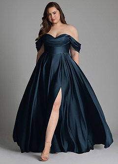 Azazie Loisa Vestidos de damas de honor Vestido Azul Marino Oscuro de Satén Elástico de Línea A con Hombros descubiertos image11