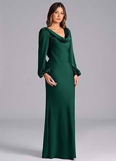 Azazie Melani Bridesmaid Dresses Emerald Mermaid Long Sleeve Stretch Satin Dress image3