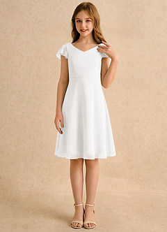 Azazie Narin Girls Formal Sukienki dla dziewczynek sypiących kwiaty Linia A z rękawami Szyfon Długość do kolan Sukienka image4