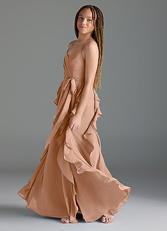 Azazie Peyton Junior Vestido de Champán Rosado de Gasa de Corte En A con Volantes en cascada Cuello en V image4