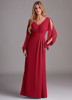 Azazie Matilda Bridesmaid Dresses Scarlet A-Line Long Sleeve Chiffon Dress image3