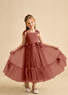 Azazie Jaci Blumenmädchenkleider A-Linie Spaghetti Riemen Chiffon Kleid Rotbraun image4